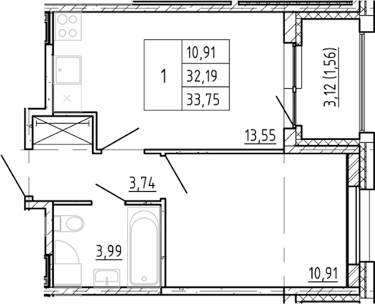 1-комнатная квартира 32.19 м², 3/12 эт., ЖК «Полис Новоселье»